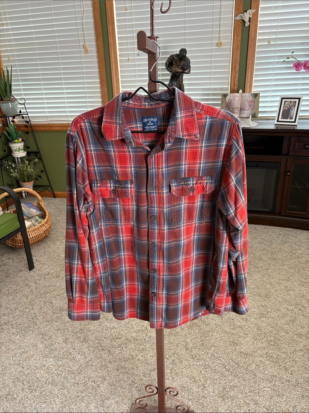 Faded Glory Red Plaid Button-Down Shirt with Blue Accents